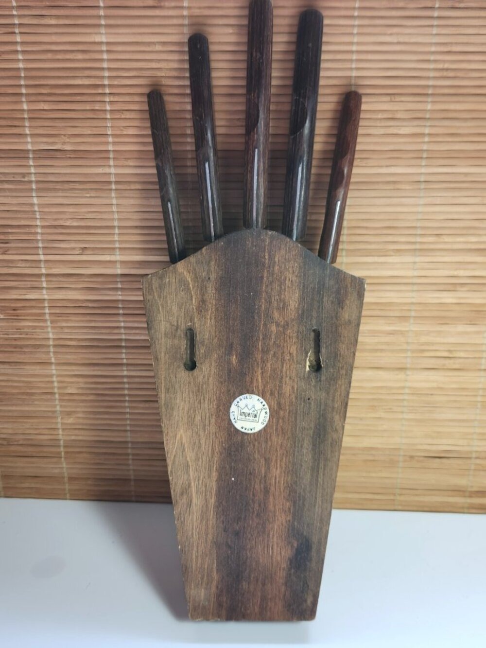 Vintage Imperial Japan Knife Block Hand Carved Inlaid Wood Wall Set 1960s MCM - Picture 11 of 11
